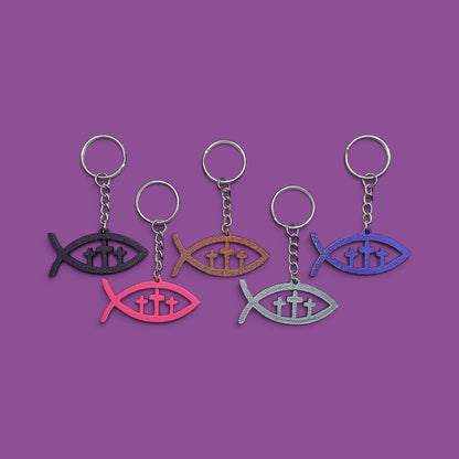 Jesus ichthys Christian fish religious keychains in five colors, customizable and handmade, perfect for church party favors, VBS and event giveaways and Easter bag charms.