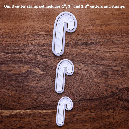 Handmade and customizable Candy Cane Christmas Cookie Cutter and Stamp set in 3 sizes - adds festive striped detail for easy holiday baking and decorating treats, available in 30 unique colors.