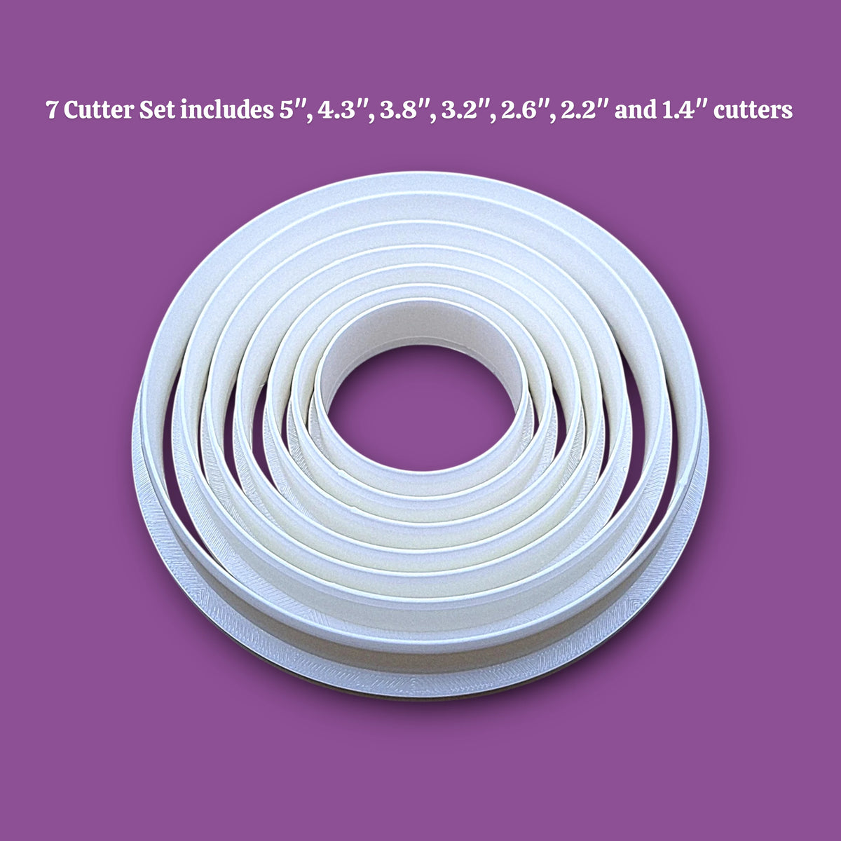 Set of 7 circle cookie cutters from 5" to 1.4". Perfect for baking, fondant, biscuits, sandwiches, and crafting round shapes.