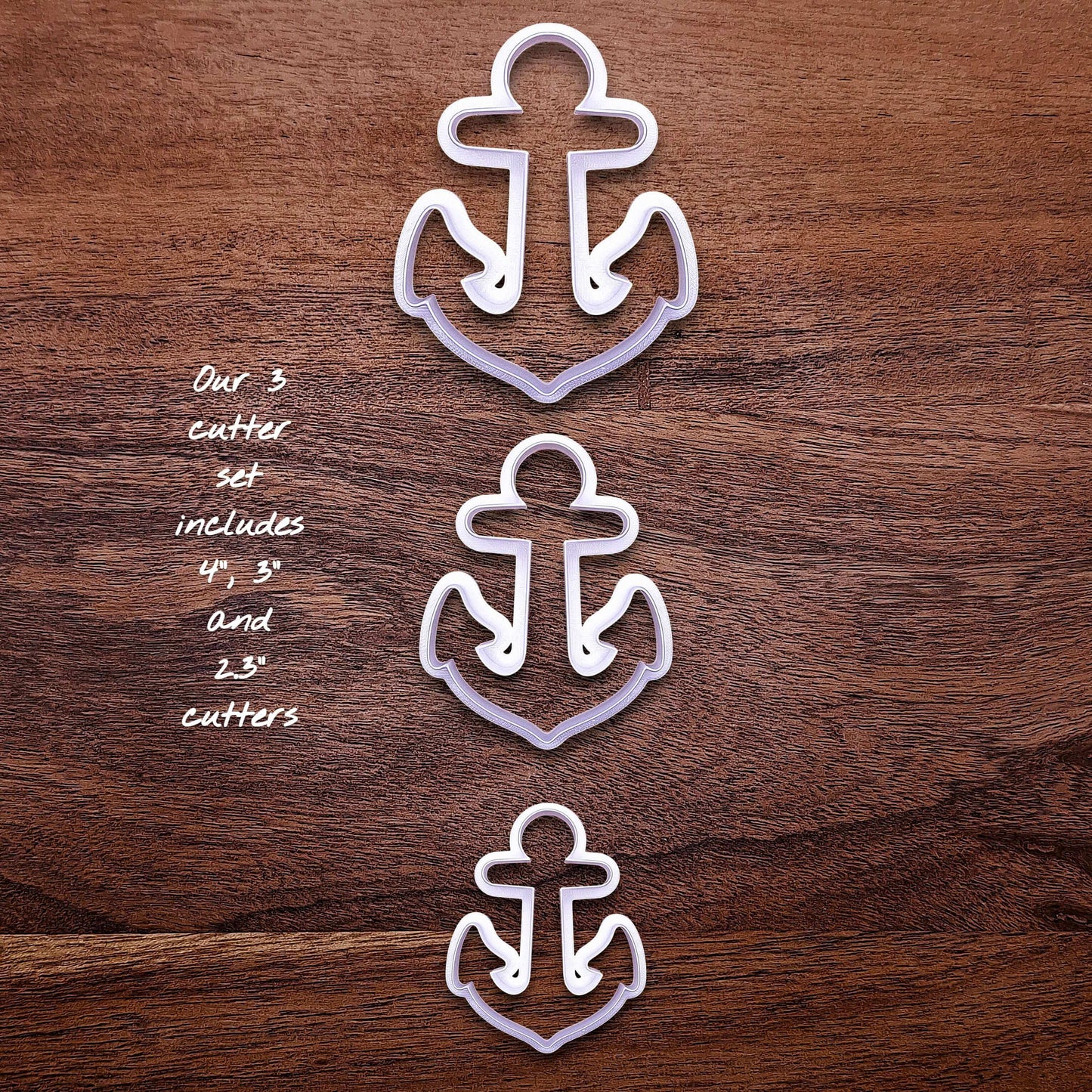Set of three anchor-shaped cookie cutters in small, medium, and large. Great for nautical cookies, fondant toppers, or coastal crafts.