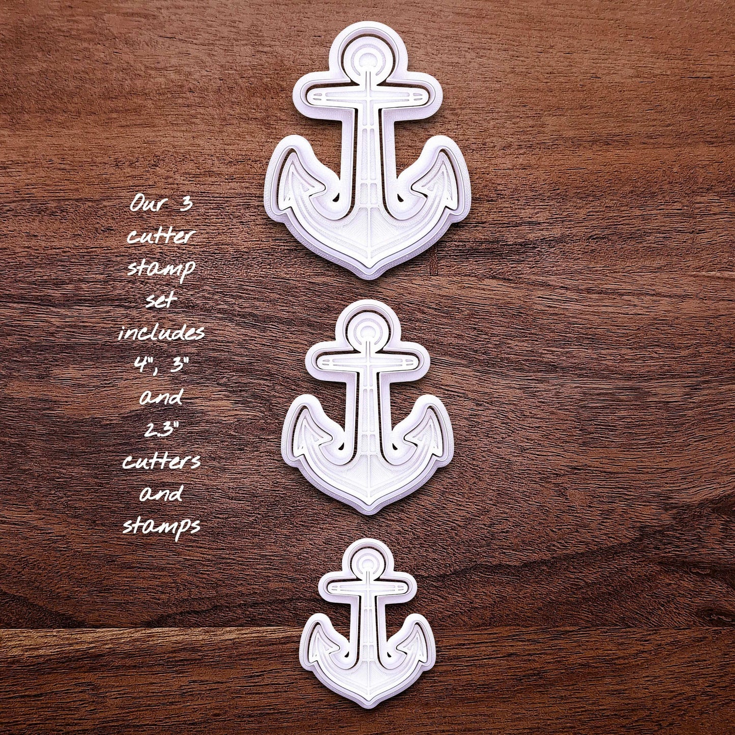 Anchor cookie cutter and stamp set in 3 sizes. Perfect for beach weddings, navy parties, or sea-inspired cookie and fondant decorating.