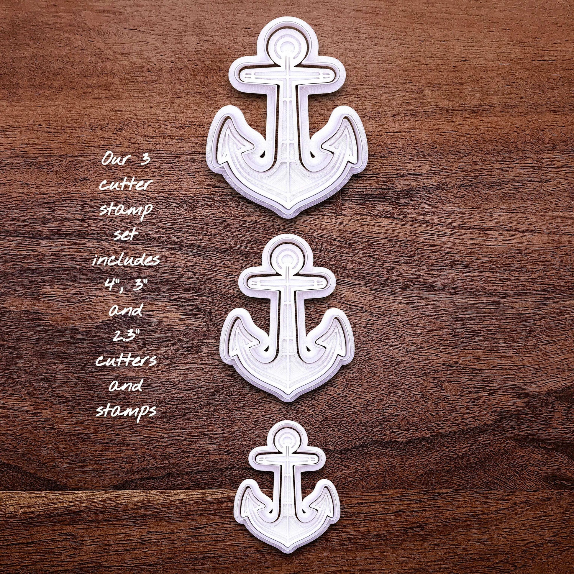Anchor cookie cutter and stamp set in 3 sizes. Perfect for beach weddings, navy parties, or sea-inspired cookie and fondant decorating.