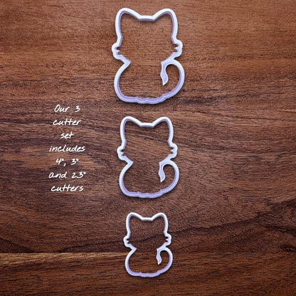 Customizable cat cookie cutter set without stamps in 3 different sizes, perfect for kitty cookie designs, fondant toppers, birthday parties, crafts or cat themed baking projects.