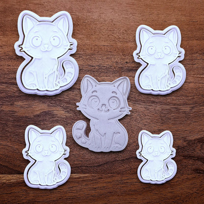 Customizable cat cookie cutters with stamps and dough cutout, perfect for kitty cookie designs, fondant toppers, birthday parties, crafts or cat themed baking projects.