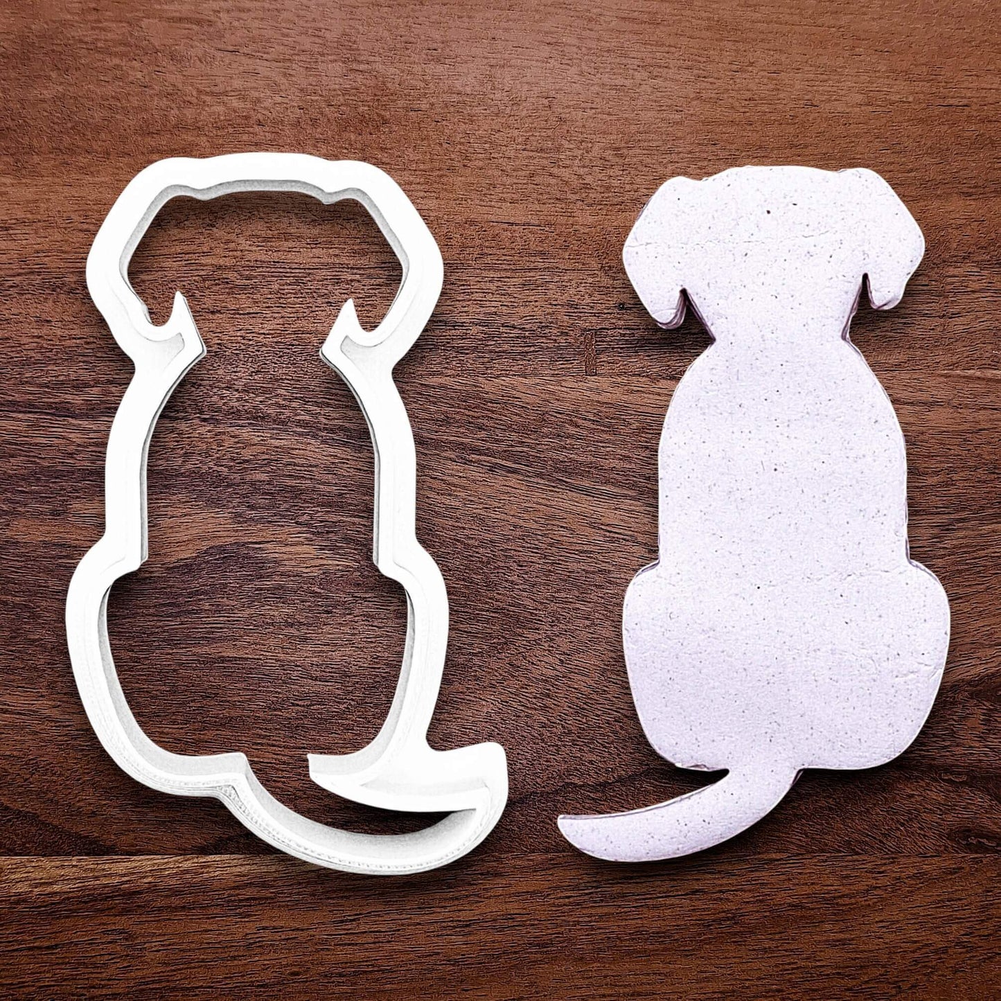 Dog-shaped cookie cutter with dough cutout, perfect for pet-themed treats, parties, or homemade dog cookies – eco-friendly and handmade.