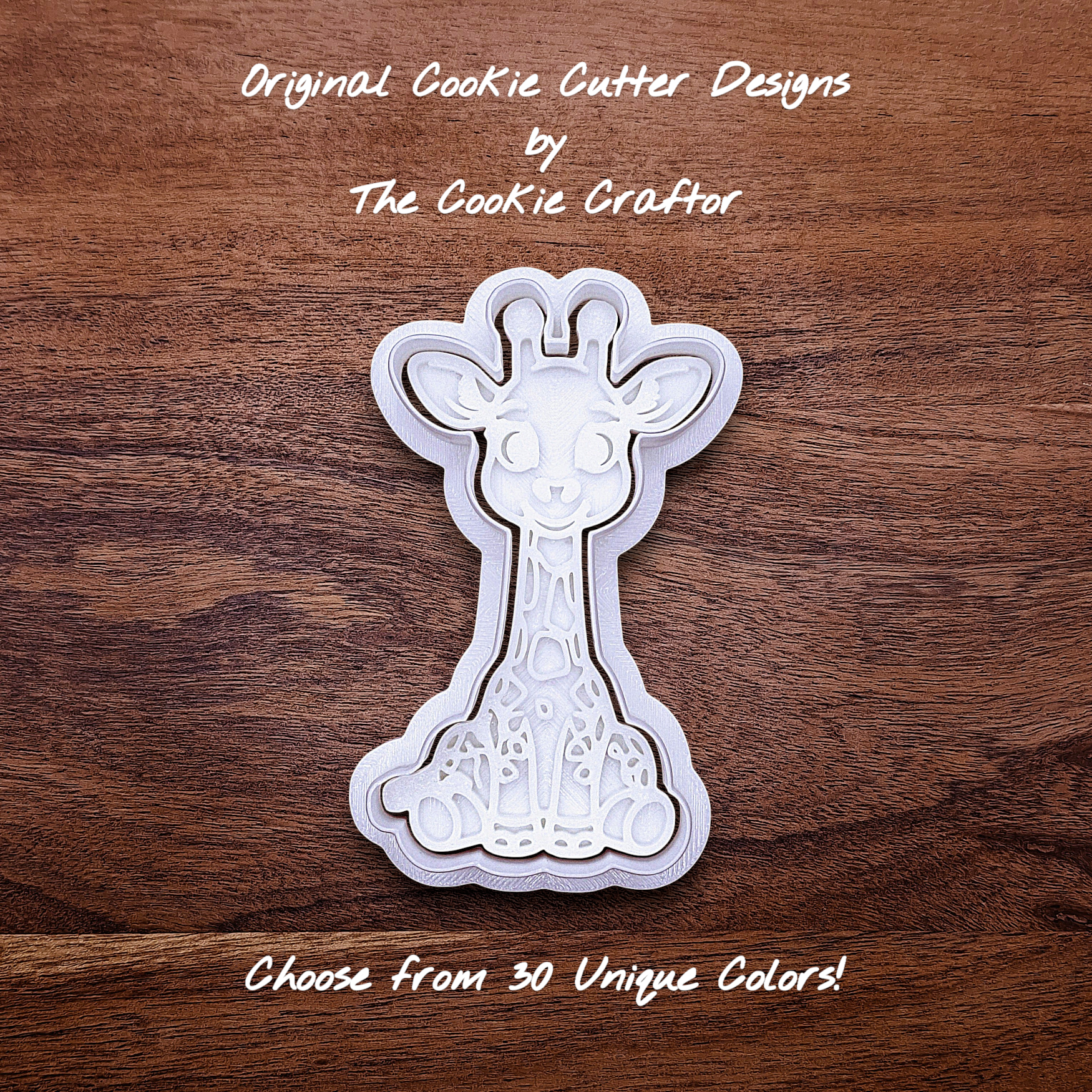 Giraffe cookie cutter with matching stamp. Creates cute safari cookies or fondant toppers with charming animal detail.