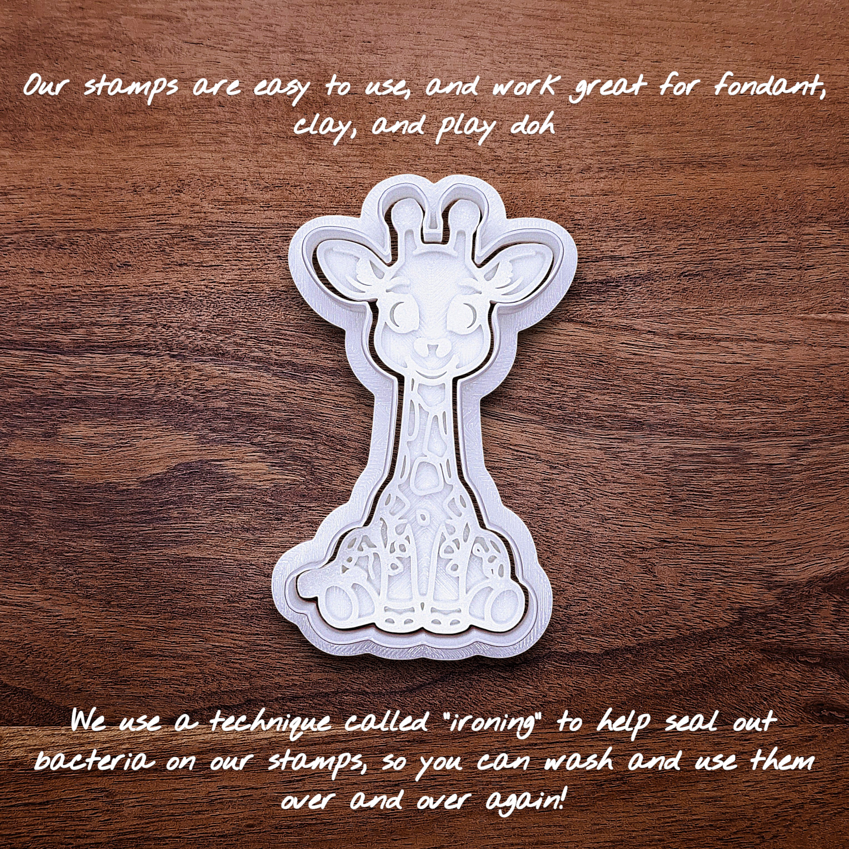 Giraffe cookie cutter with matching stamp. Creates cute cookies or fondant toppers with charming safari animal detail.