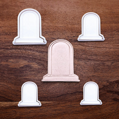 Gravestone cookie cutters with stamps for Halloween treats and spooky desserts, adds detail to dough, fondant, and craft projects.