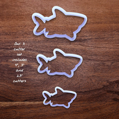 Full 3-size set of smiling shark cutters, ideal for baking cute shark cookies for kids’ birthdays, beach days, or sea-themed events.