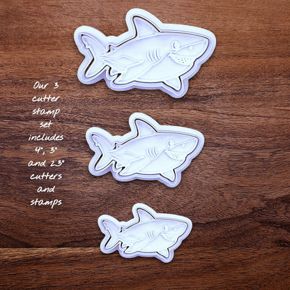 Set of smiling shark cutters and stamps. Ideal for baking cute shark cookies for kids’ birthdays, beach days, or sea-themed events.