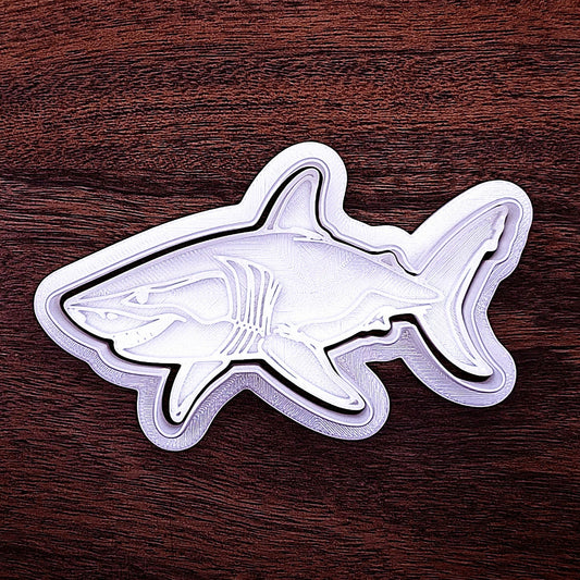 Customizable shark cookie cutter with stamp for ocean themed cookies, fondant designs, birthday baking, and personalized sea life treats.