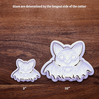 Sizing guide for the girly bat cookie cutter and stamp showing how increasing the size works.