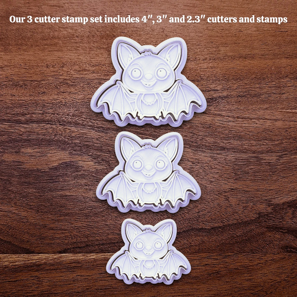 Three cute bat cookie cutters with stamps - adds cute Halloween charm. Complete with cute details for whimsical baking, parties, or spooky gifting. Handmade and customizable in 30 colors.