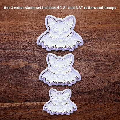 Three cute bat cookie cutters with stamps - adds cute Halloween charm. Complete with cute details for whimsical baking, parties, or spooky gifting. Handmade and customizable in 30 colors.