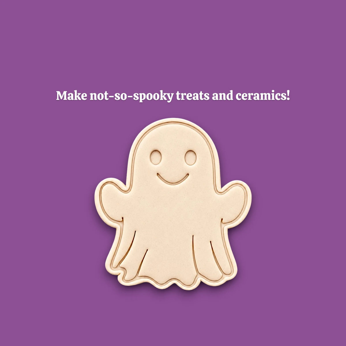 Ghost cookie cutter stamping spooky face into dough – great for Halloween cookies, fondant, or crafts with clean, detailed imprints.