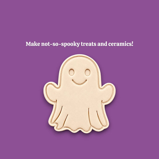 Ghost cookie cutter stamping spooky face into dough – great for Halloween cookies, fondant, or crafts with clean, detailed imprints.