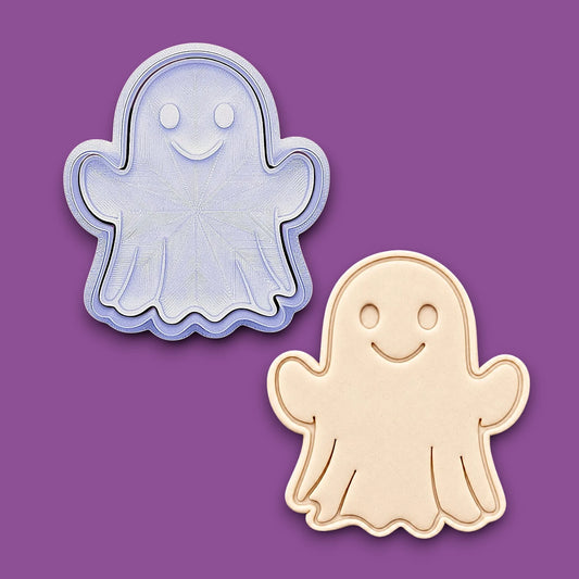 Halloween ghost cookie cutter with stamp and dough imprint – adds spooky face details for Halloween cookies, fondant toppers, or fall baking fun.