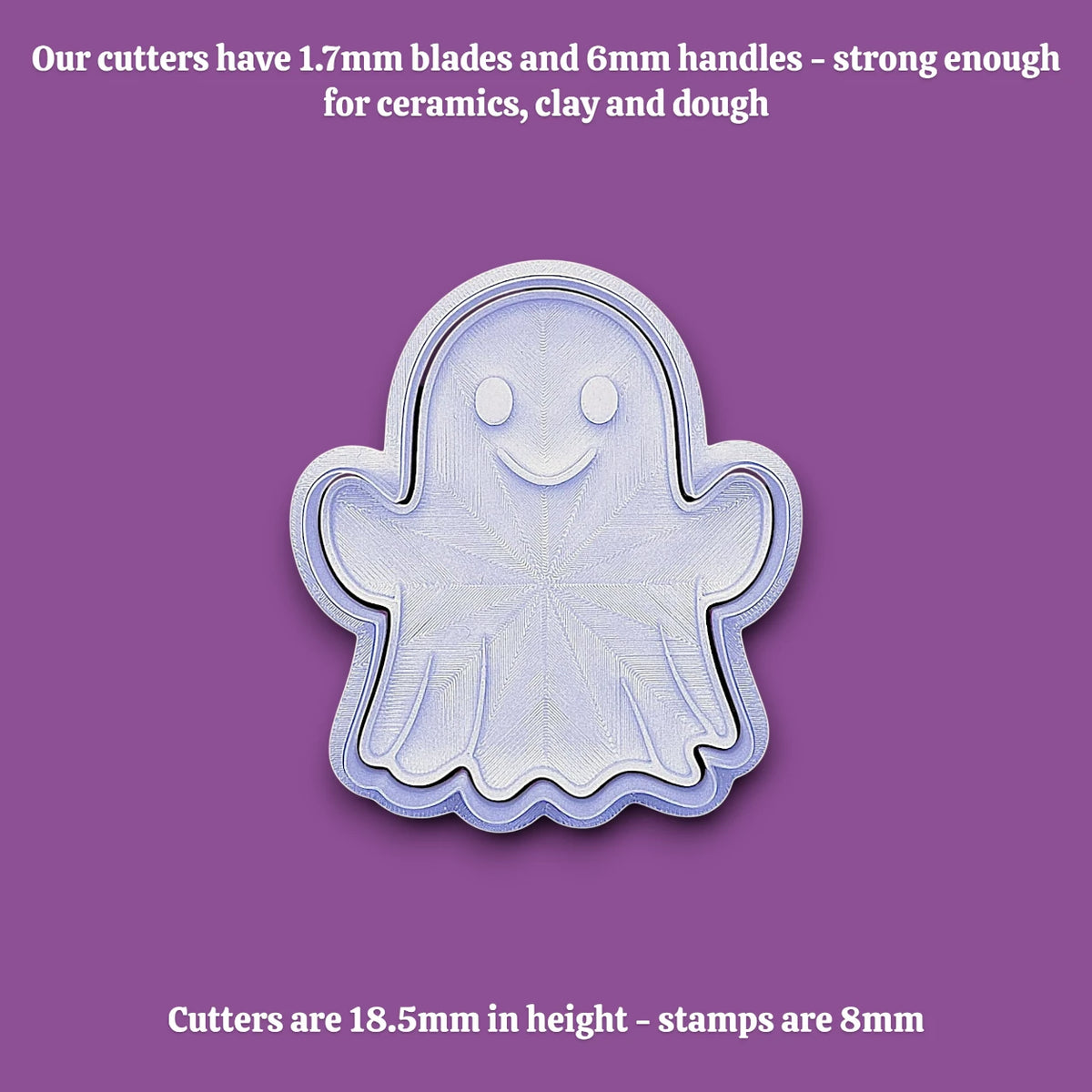 Halloween ghost cookie cutter with stamp – adds spooky face details for Halloween cookies, fondant toppers, or fall baking fun.