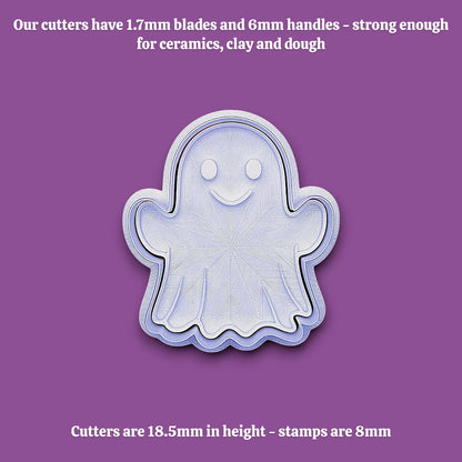 Halloween ghost cookie cutter with stamp – adds spooky face details for Halloween cookies, fondant toppers, or fall baking fun.
