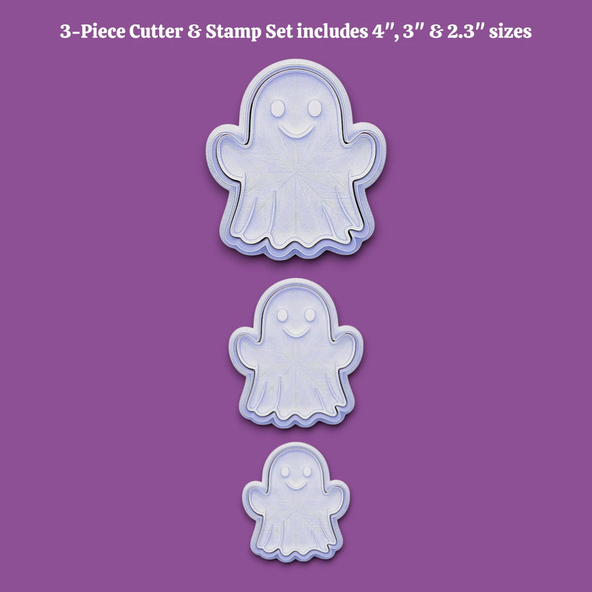 Halloween ghost cookie cutters with stamps set – adds spooky face details for Halloween cookies, fondant toppers, or fall baking fun.