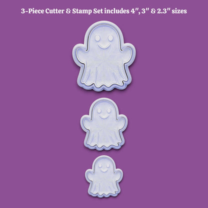 Halloween ghost cookie cutters with stamps set – adds spooky face details for Halloween cookies, fondant toppers, or fall baking fun.