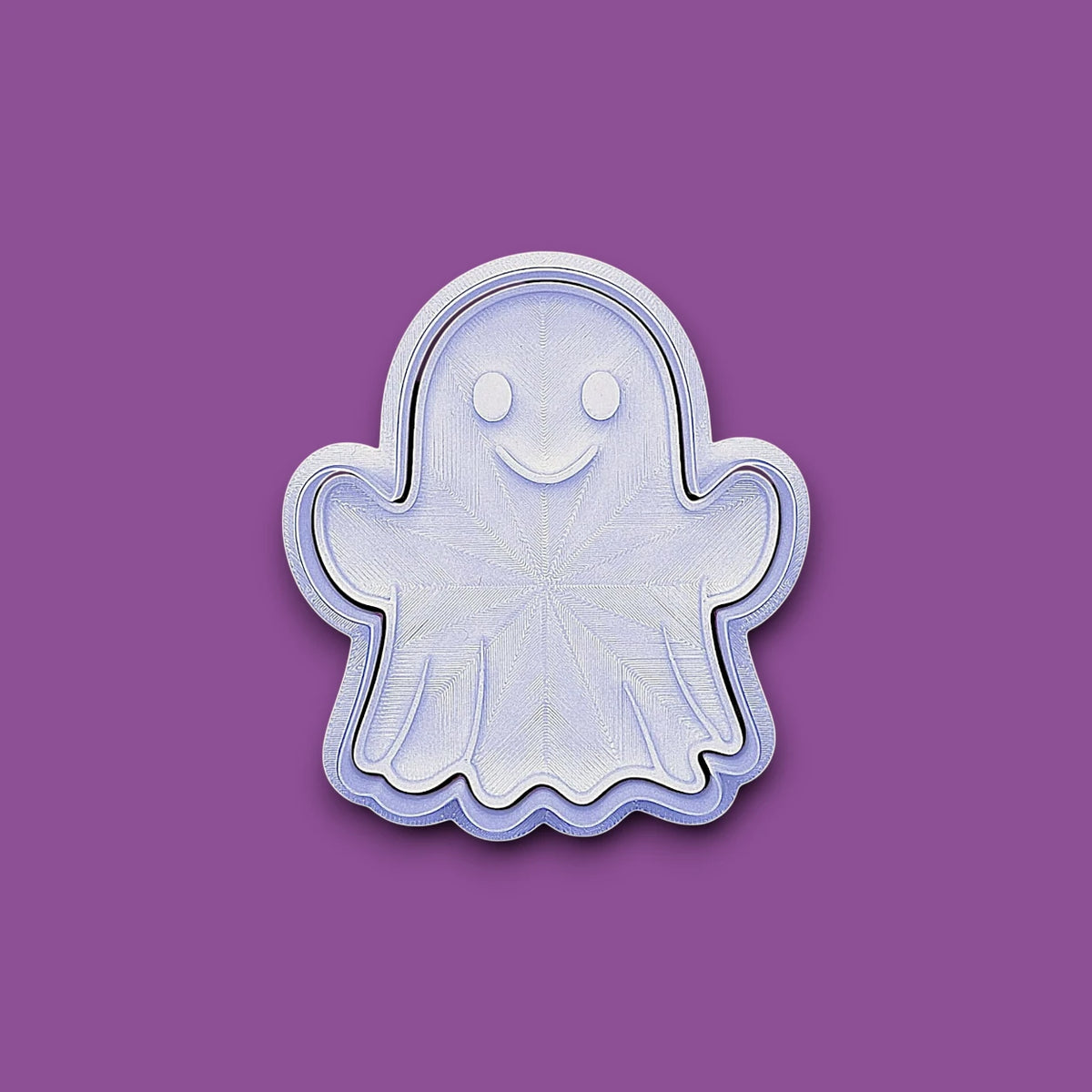 Halloween ghost cookie cutter with stamp – adds spooky face details for Halloween cookies, fondant toppers, or fall baking fun.