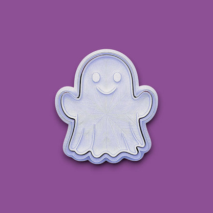 Halloween ghost cookie cutter with stamp – adds spooky face details for Halloween cookies, fondant toppers, or fall baking fun.