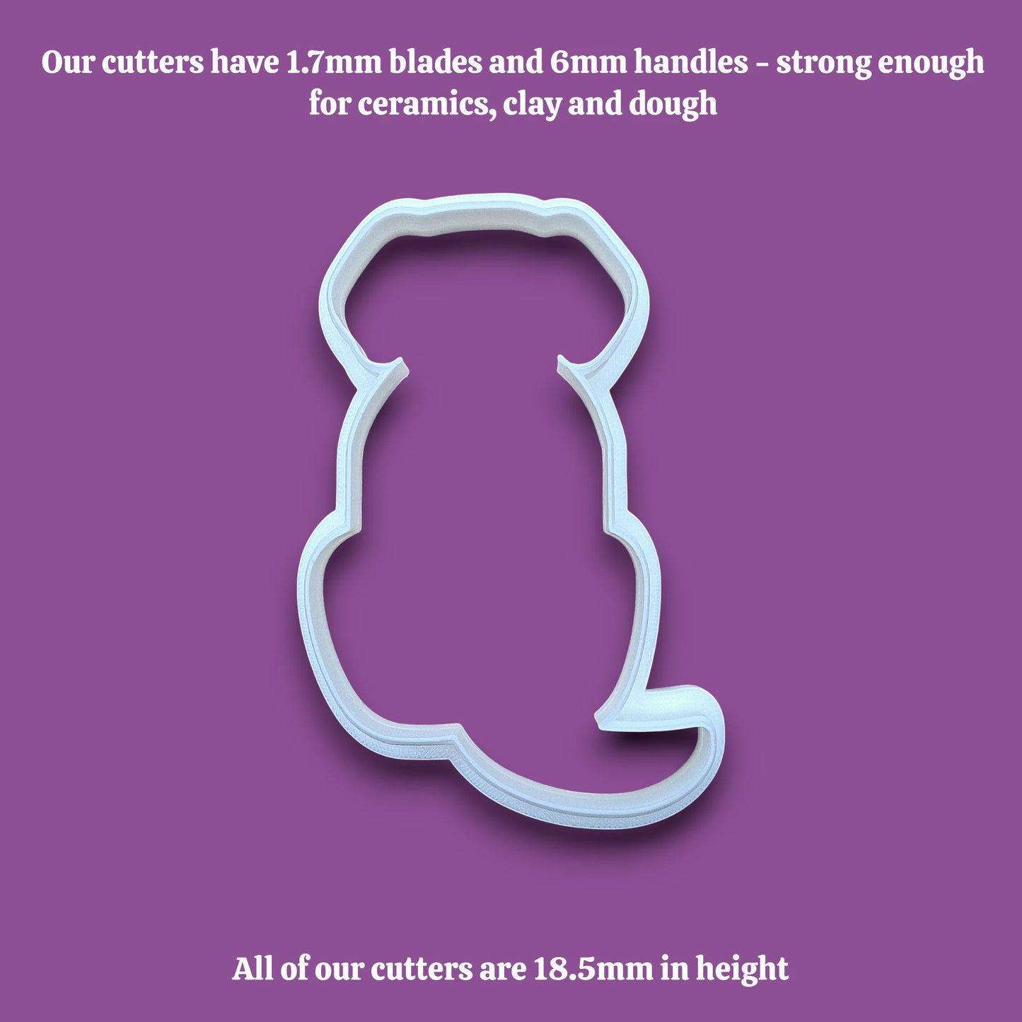 Dog cookie cutter featuring a Lab or golden retriever design, ideal for baking full-sized dog treats, fondant crafts, cookie dough. ceramics and more. Available in 30 unique colors and ranges from 2 to 10 inches.