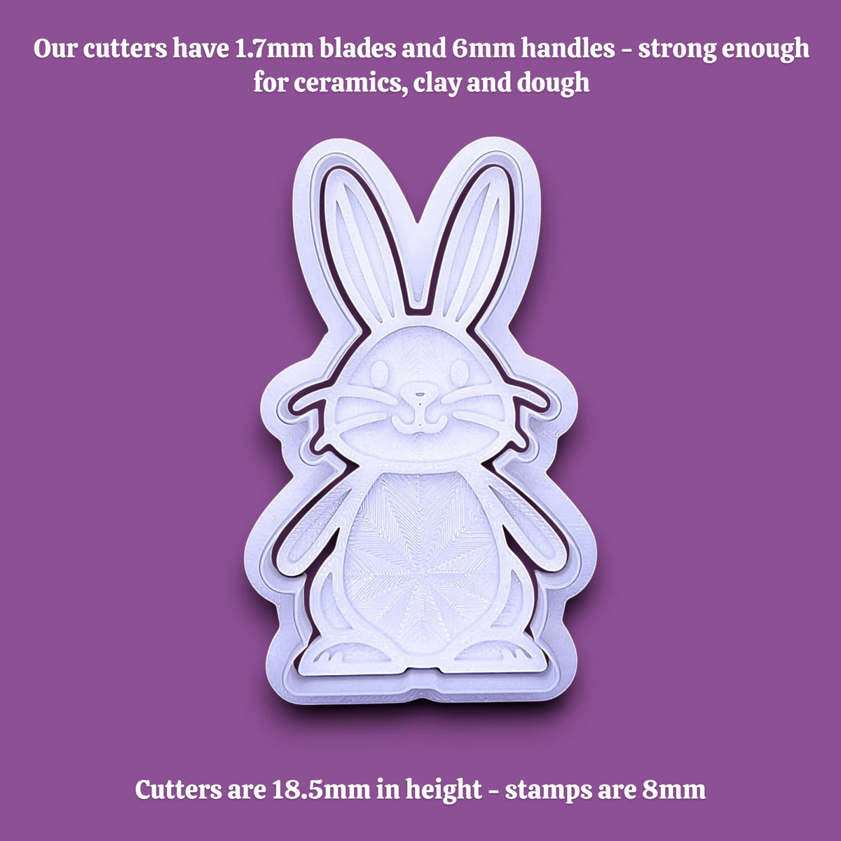 A rabbit-shaped cookie cutter set shown on a solid purple background with white text detailing measurements and cutter specifications.