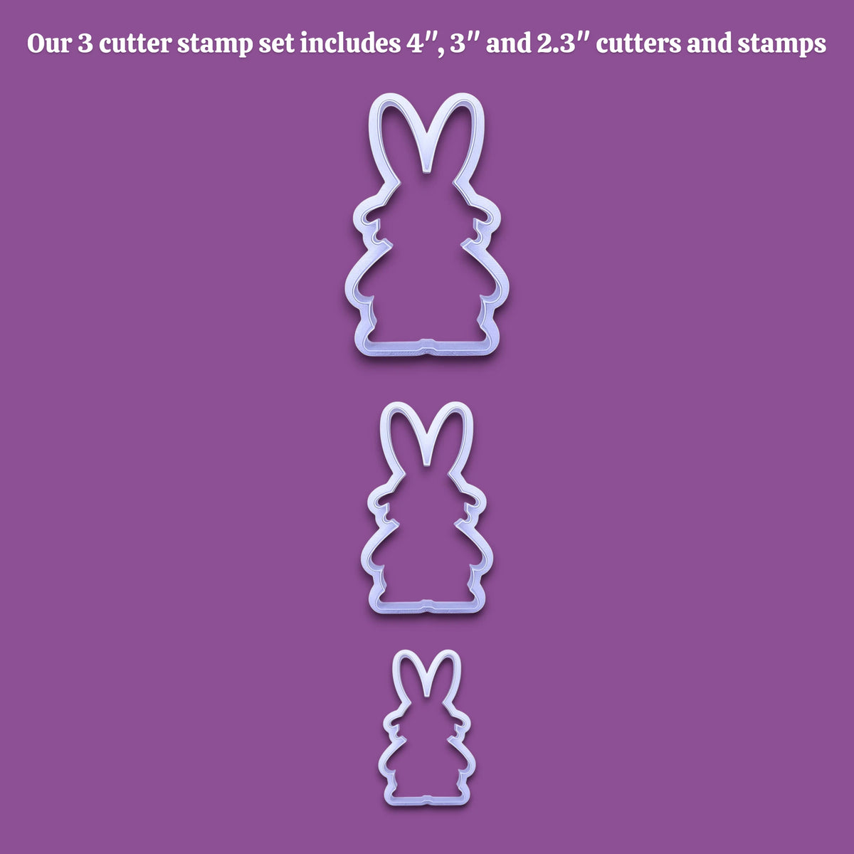 Three bunny-shaped cookie cutters in sizes 4 inches, 3 inches, and 2.3 inches, shown vertically on a solid purple background with white text at the top describing the set.