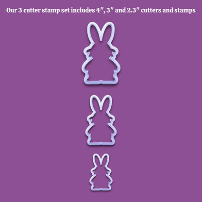 Three bunny-shaped cookie cutters in sizes 4 inches, 3 inches, and 2.3 inches, shown vertically on a solid purple background with white text at the top describing the set.