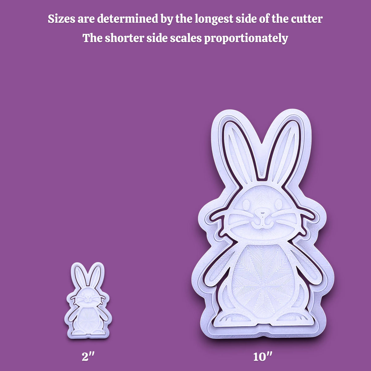White bunny-shaped cookie cutter shown in two sizes on a purple background, with text explaining that sizes are determined by the longest side and that the shorter side scales proportionately. Small labels indicate 2 inches and 10 inches.
