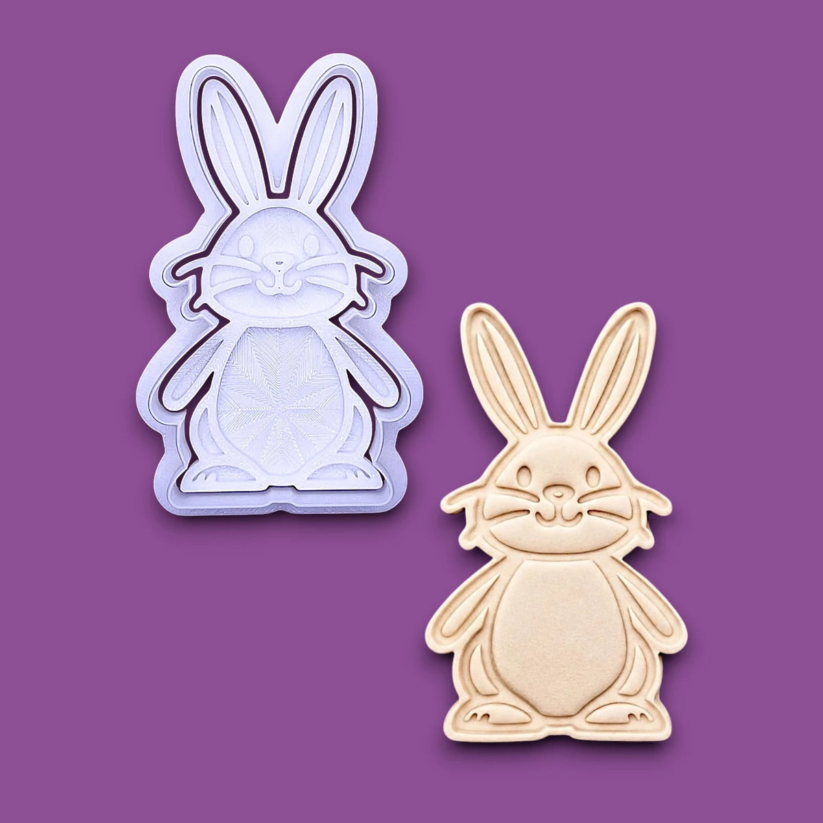 Handmade and customizable Bunny Rabbit Cookie Cutter and Stamp alongside a dough cutout and imprint, perfect for animal-themed baking, Easter crafts, and rabbit lovers.