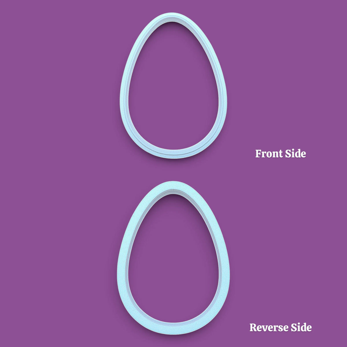Handmade and customizable Egg Cookie Cutter shown front and reverse – Oval-shaped baking tool for cookies, fondant, sandwiches, and crafts, available in multiple sizes and vibrant colors.