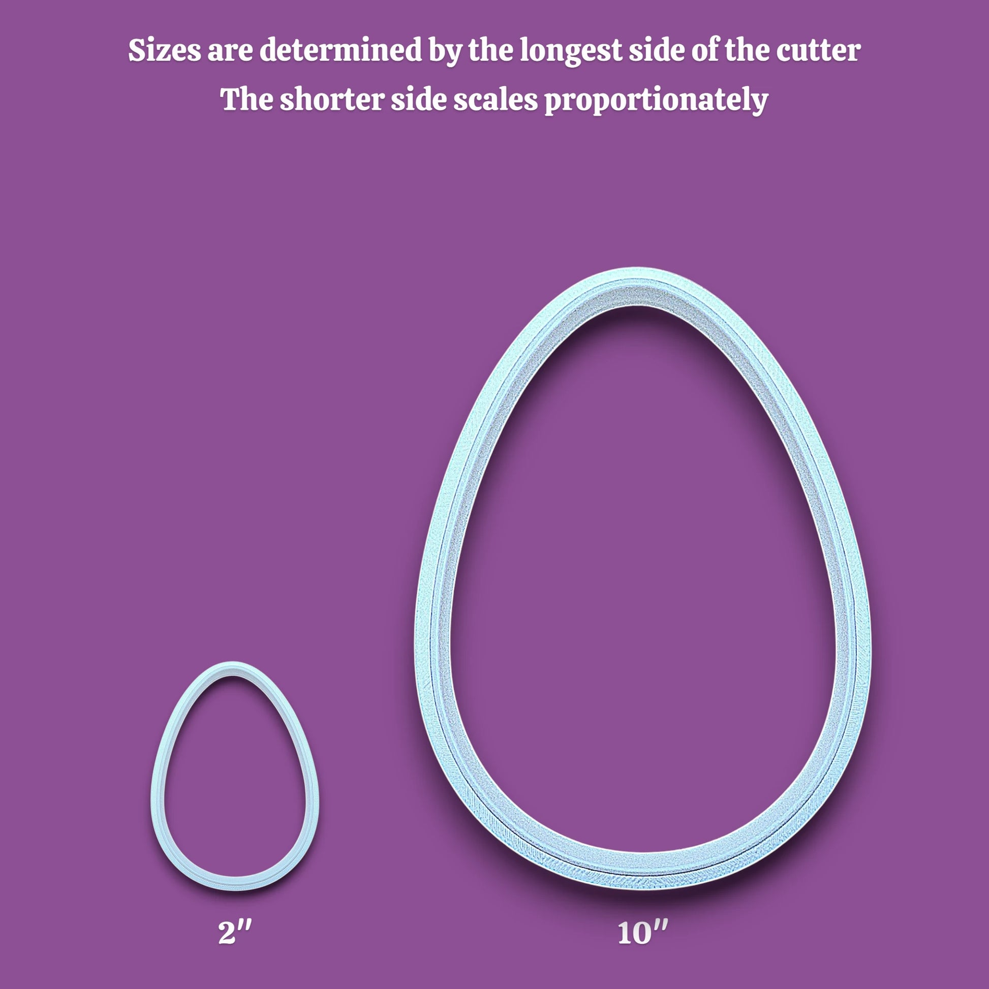 Customizable Egg Cookie Cutter sizing guide, showing how increasing and decreasing the sizes works.