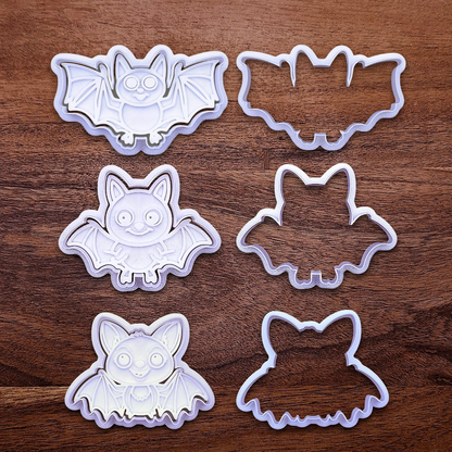 Bat cookie cutters and stamps, perfect for Halloween treats, fall party favors, and gifting. Customizable in 30 unique colors and made from eco-friendly materials.