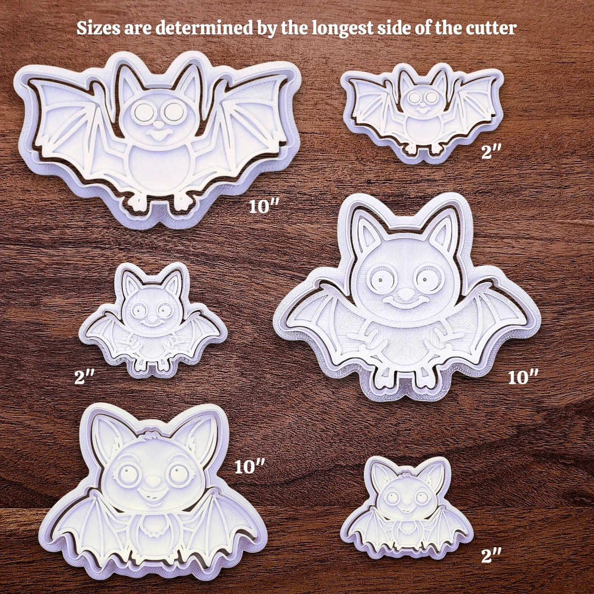Photo guide showing how our cookie cutter sizing works for different shapes of cookie cutters and stamps.