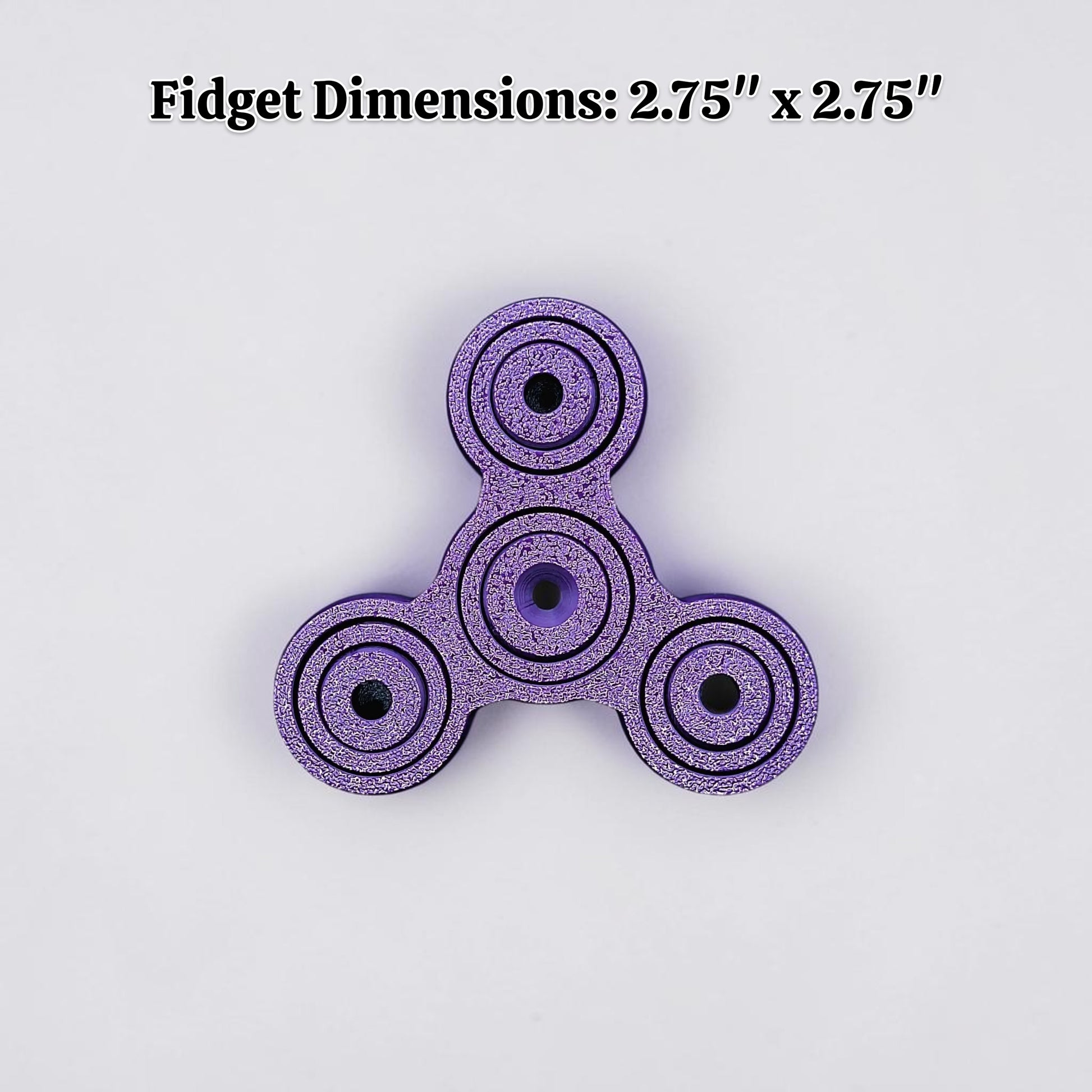 Purple fidget spinner with dimensions 2.75" x 2.75" on a light gray background