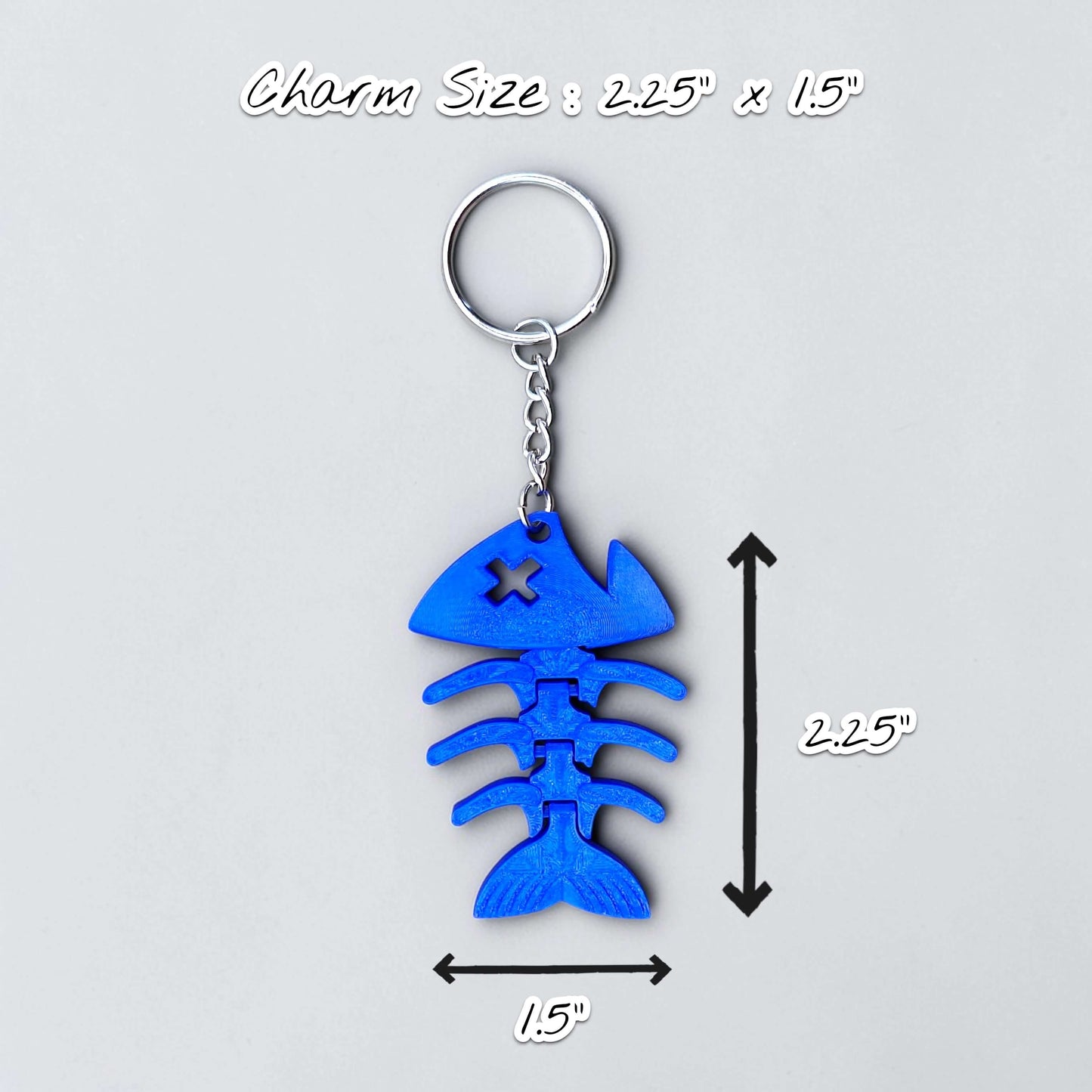 Articulated fish keychain shown in blue, perfect for gag gifts, stocking stuffers and party favors.