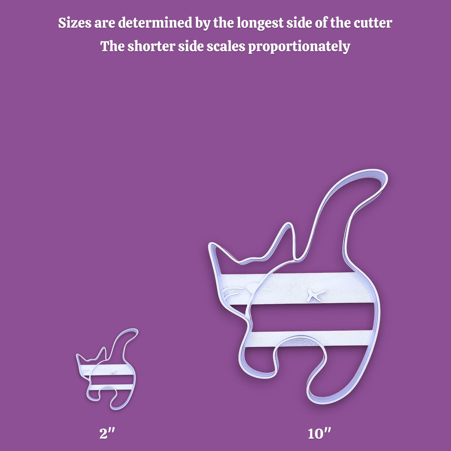 Informational graphic showing a white cat butt cookie cutter in two sizes, with text at the top explaining size determination and labels '2"' and '10"' below the larger version.