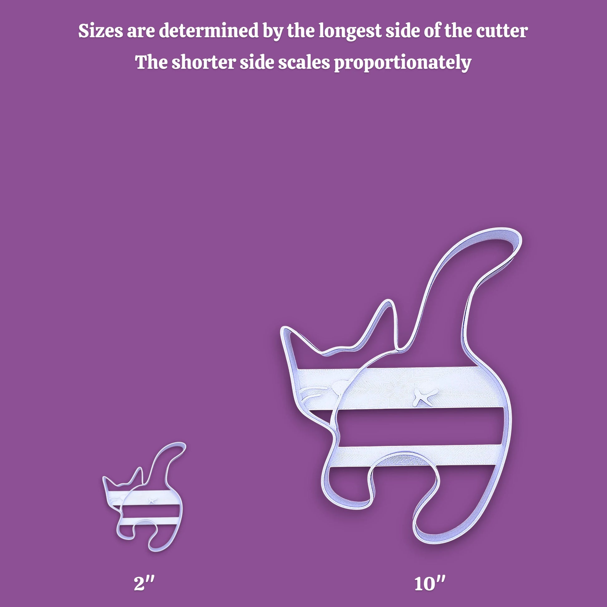 Informational graphic showing a white cat butt cookie cutter in two sizes, with text at the top explaining size determination and labels '2"' and '10"' below the larger version.