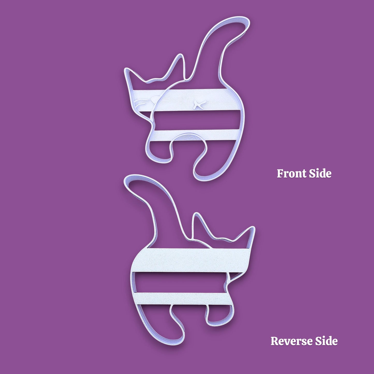 A cat butt cookie cutter shown from two angles on a solid purple background, labeled 'Front Side' and 'Reverse Side'.