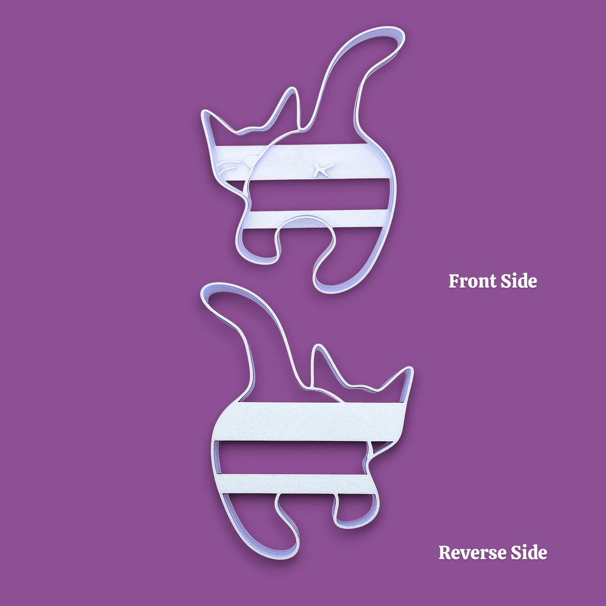 A cat butt cookie cutter shown from two angles on a solid purple background, labeled 'Front Side' and 'Reverse Side'.