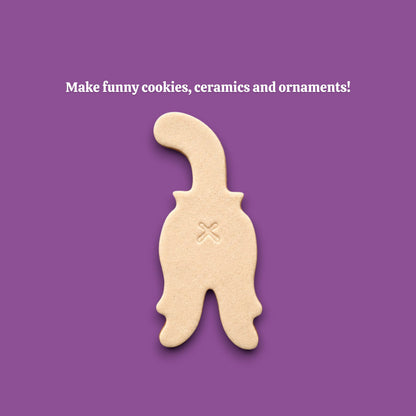 Cat butt cookie cutter dough cutout and imprint, perfect for gag gifts, holiday treats and ceramics. Handmade and customizable in 30 unique colors.