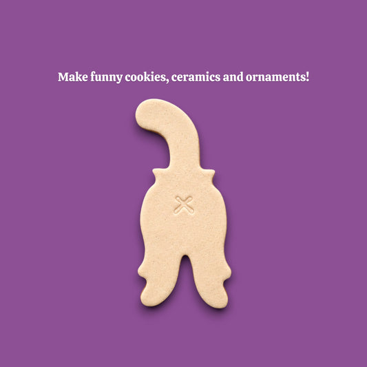 Cat butt cookie cutter dough cutout and imprint, perfect for gag gifts, holiday treats and ceramics. Handmade and customizable in 30 unique colors.