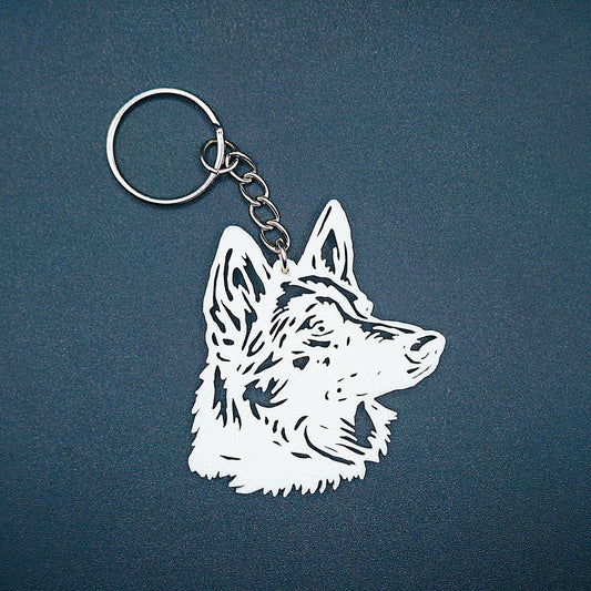White German Shepherd keychain with strong head profile detail, perfect eco-friendly gift for pet parents, breed lovers, or handmade charm fans.