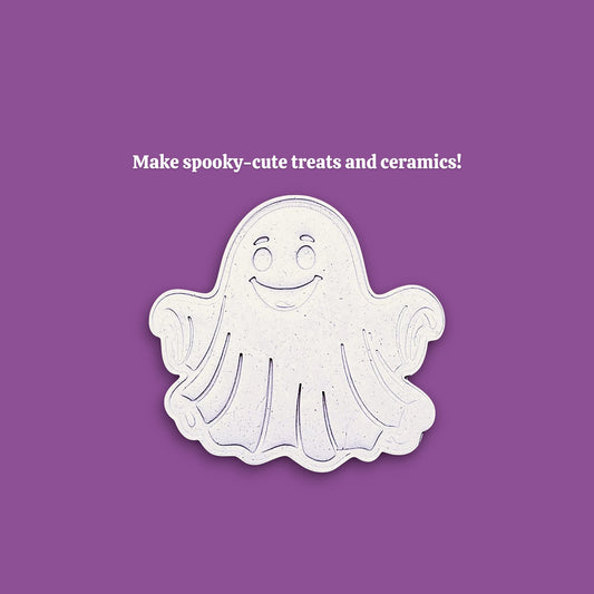 Handmade and customizable Halloween ghost cookie cutter dough cutout and imprint, great for easy fall cookie decorating and fun baking for school or family celebrations and trick or treats.