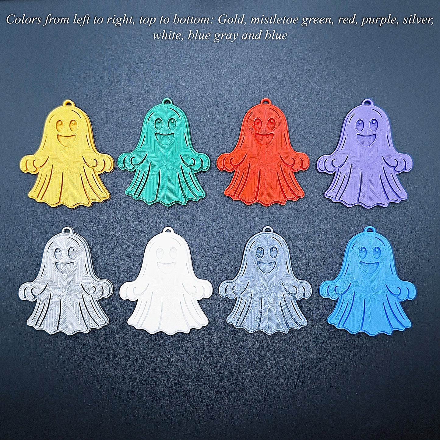 Guide for set of happy ghost keychains in 8 fun colors, spooky Halloween charm gifts, handmade eco-friendly ghost key rings for bags, keys, and decor.
