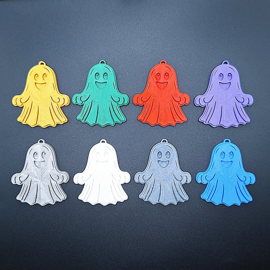 Set of happy ghost keychains in 8 fun colors, spooky Halloween charm gifts, handmade eco-friendly ghost key rings for bags, keys, and decor.