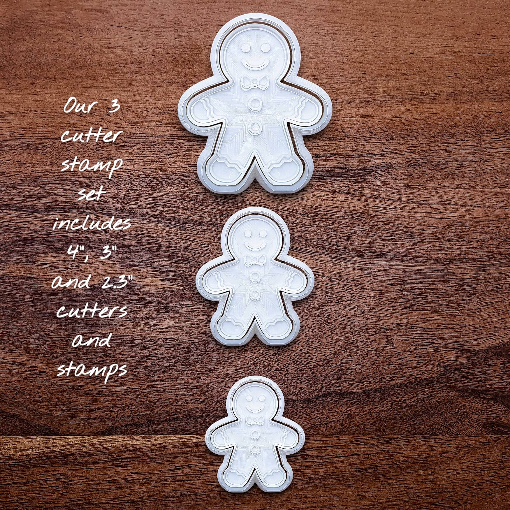 Gingerbread cookie cutter and stamp set for Christmas baking—includes three sizes and matching stamps to easily press in sweet festive details.